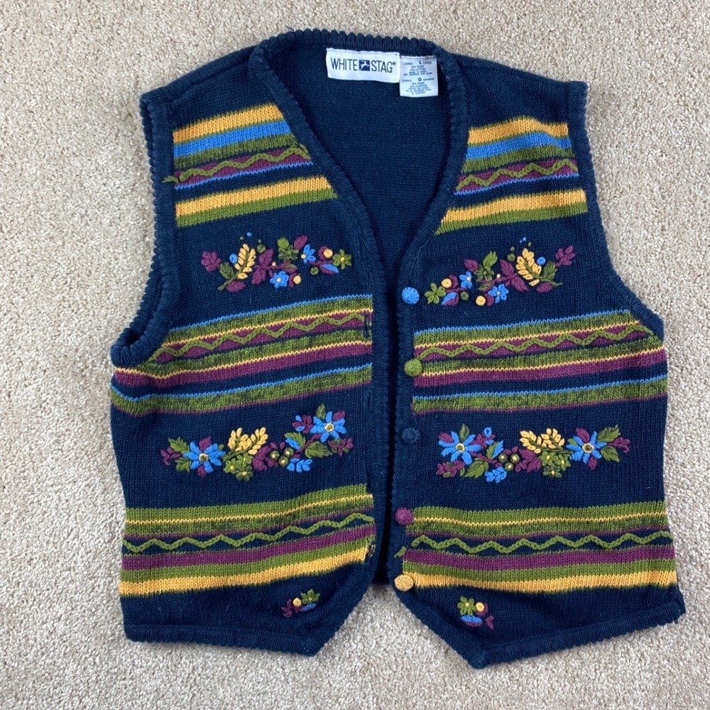 White Stag Vintage Floral Embroidered Knit Sweater Vest Navy Blue Stripe Large‎